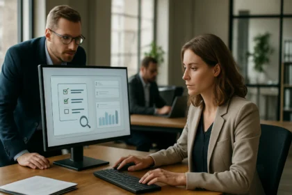 Két munkatárs a megfelelőségi automatizálásról diskurál egy számítógép előtt.