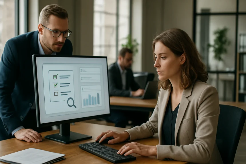 Két munkatárs a megfelelőségi automatizálásról diskurál egy számítógép előtt.