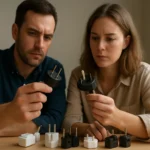 Két ember elektromos csatlakozókat vizsgál egy asztalon