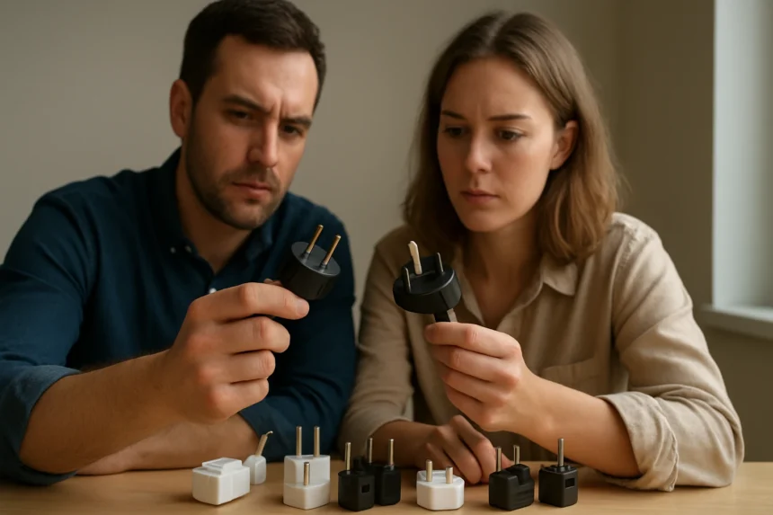 Két ember elektromos csatlakozókat vizsgál egy asztalon