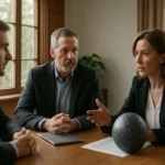 Mesterséges intelligencia irányelvek megbeszélése három szakember között.