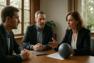 Mesterséges intelligencia irányelvek megbeszélése három szakember között.