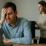 Férfi idegesen nézi a laptopját, nő háttérben leállít egy gépet.