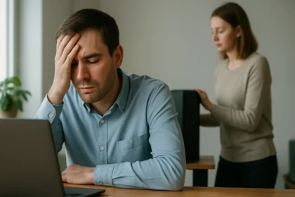 Férfi idegesen nézi a laptopját, nő háttérben leállít egy gépet.