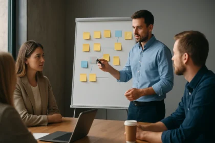 Agilis retrospektív találkozó során a csapat tagjai ötletelnek.