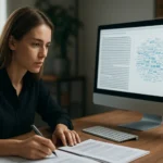 Szövegbányászat folyamatának elemzése számítógép előtt ülve.