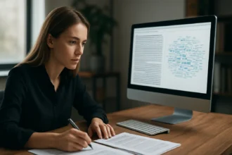 Szövegbányászat folyamatának elemzése számítógép előtt ülve.