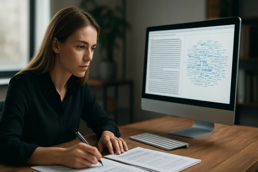 Szövegbányászat folyamatának elemzése számítógép előtt ülve.