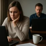 Két dolgozó felnőtt, képernyőre koncentrálva egy irodai környezetben.