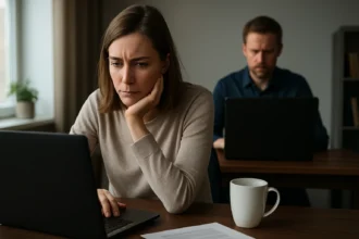 Két dolgozó felnőtt, képernyőre koncentrálva egy irodai környezetben.