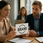 Nő bemutat egy márkát jelző táblát üzleti megbeszélésen.