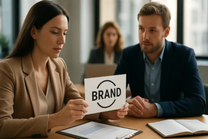 Nő bemutat egy márkát jelző táblát üzleti megbeszélésen.