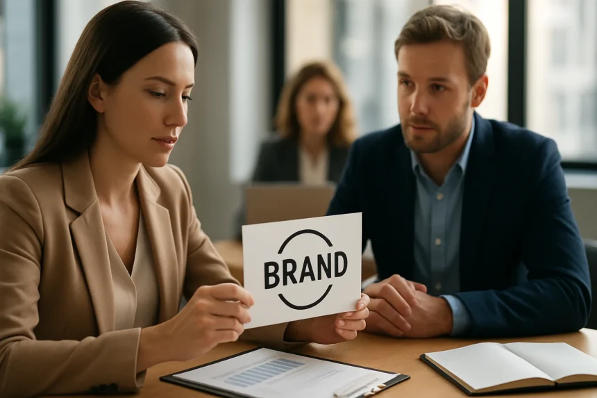 Nő bemutat egy márkát jelző táblát üzleti megbeszélésen.