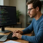 Programozó szkriptnyelv fejlesztés közben laptop és monitor előtt.