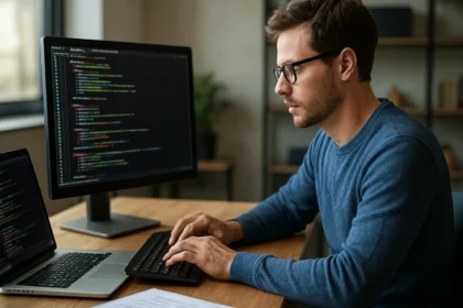 Programozó szkriptnyelv fejlesztés közben laptop és monitor előtt.