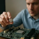 A szakember egy akkumulátort tart a kezében, miközben számítógép alaplapot vizsgál.