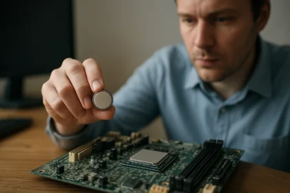 A szakember egy akkumulátort tart a kezében, miközben számítógép alaplapot vizsgál.