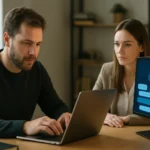 Két személy dolgozik generatív MI segítette informatikai projekt során.