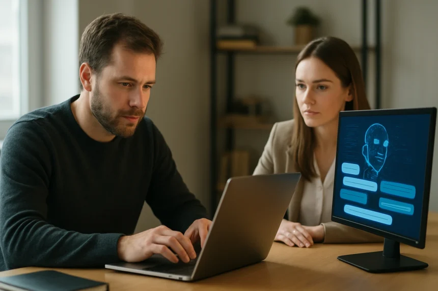 Két személy dolgozik generatív MI segítette informatikai projekt során.