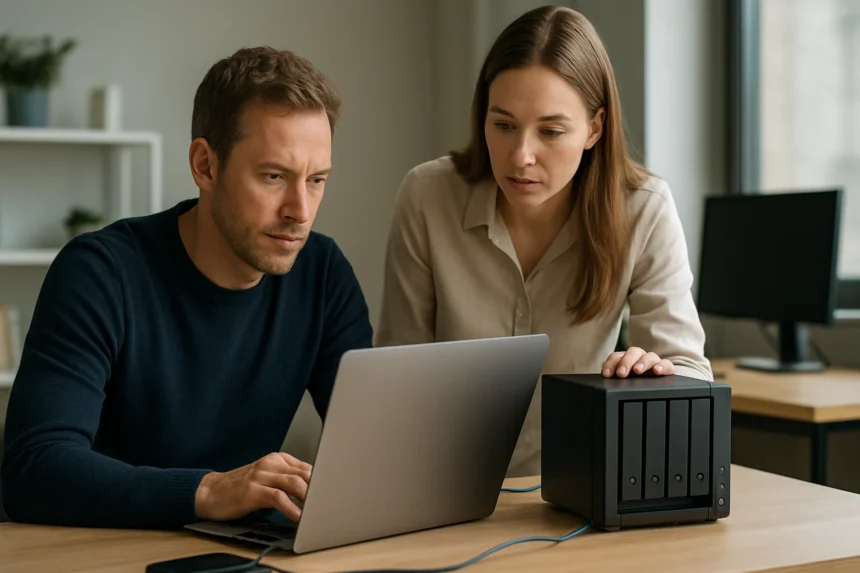 Két munkatárs NAS átjáró használatánál számítógép előtt