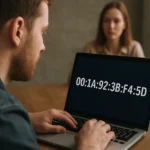 Férfi gépel a laptopján, amelyen egy MAC cím látható.