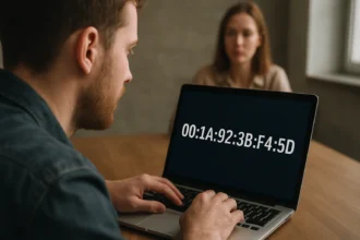 Férfi gépel a laptopján, amelyen egy MAC cím látható.