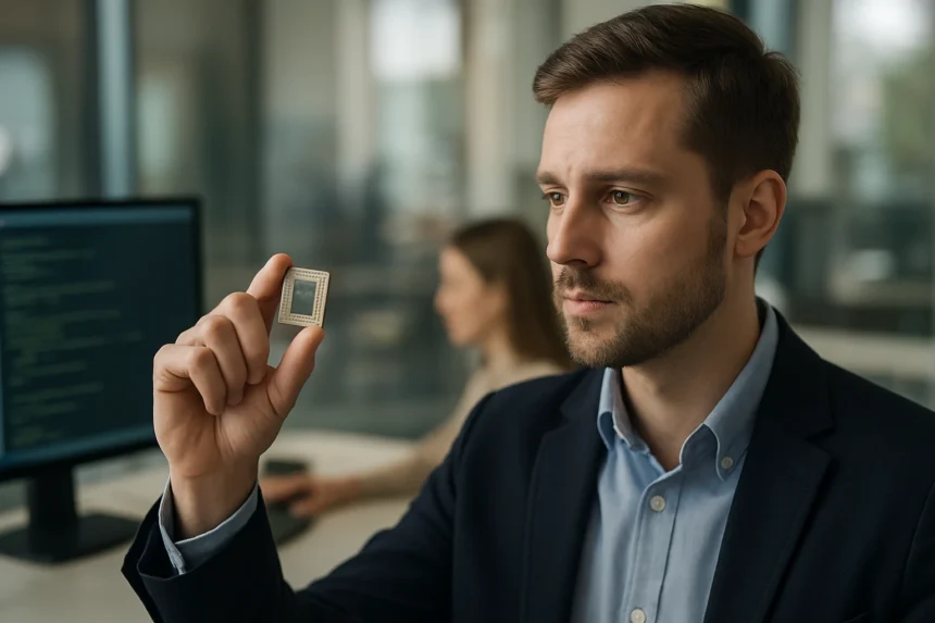 Férfi félvezető chipet tart a kezében az irodában.