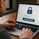 Felhasználó YubiKey-t használ a kétfaktoros hitelesítéshez egy laptopon.