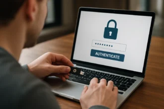 Felhasználó YubiKey-t használ a kétfaktoros hitelesítéshez egy laptopon.