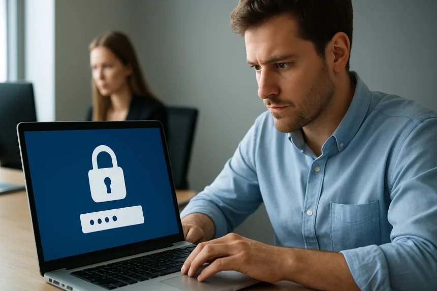 Férfi bejelentkezés egy laptopon biztonsági zárral.