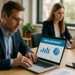 Férfi e-beszerzésen dolgozik grafikonokkal a laptopján.