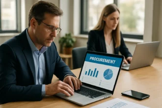 Férfi e-beszerzésen dolgozik grafikonokkal a laptopján.