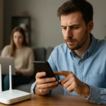 Férfi okostelefonját nézi, miközben a háttérben egy nő laptopon dolgozik, Wi-Fi router mellett.