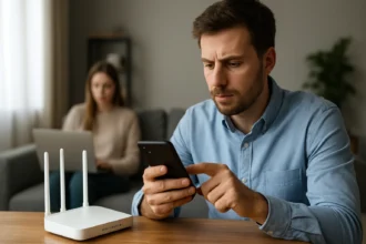 Férfi okostelefonját nézi, miközben a háttérben egy nő laptopon dolgozik, Wi-Fi router mellett.