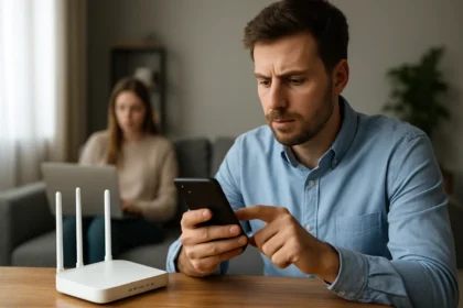 Férfi okostelefonját nézi, miközben a háttérben egy nő laptopon dolgozik, Wi-Fi router mellett.