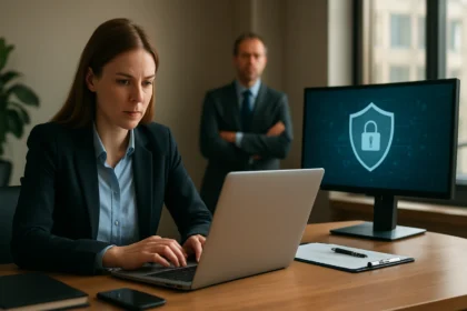 Adatvédelmi tisztviselő munka közben, adatvédelem biztosítása.