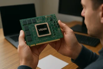 VRAM grafikus kártya közelről, technológiai háttérrel.