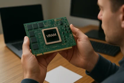 VRAM grafikus kártya közelről, technológiai háttérrel.