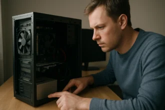 Férfi a számítógép belsejének ellenőrzésén hidegindítás előtt