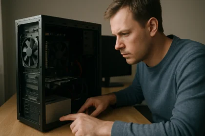 Férfi a számítógép belsejének ellenőrzésén hidegindítás előtt