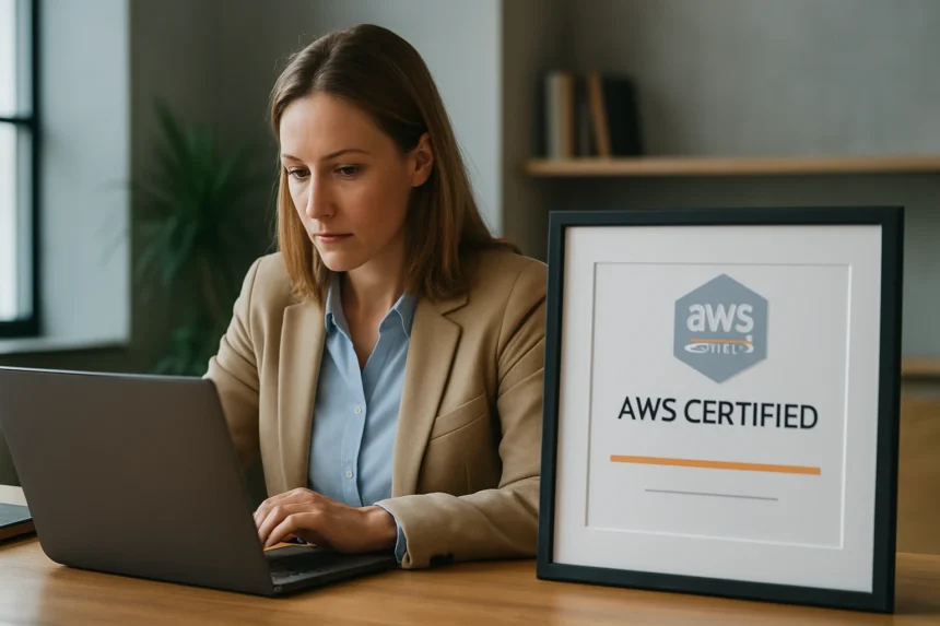 Nő számítógépnél, AWS tanúsítvány a háttérben.