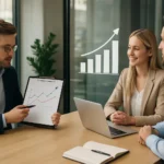 A csapat megbeszélése a teljesítménymenedzsmentről és üzleti fejlődésről