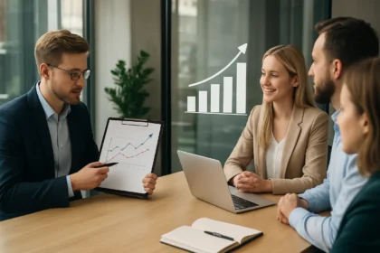 A csapat megbeszélése a teljesítménymenedzsmentről és üzleti fejlődésről