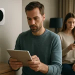 Két ember okoseszközöket használ egy modern otthonban.