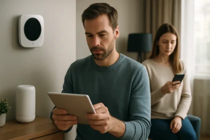 Két ember okoseszközöket használ egy modern otthonban.