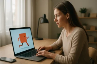 Nő egy laptop előtt, animált GIF-t megjelenítő képernyővel.