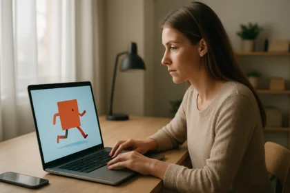 Nő egy laptop előtt, animált GIF-t megjelenítő képernyővel.