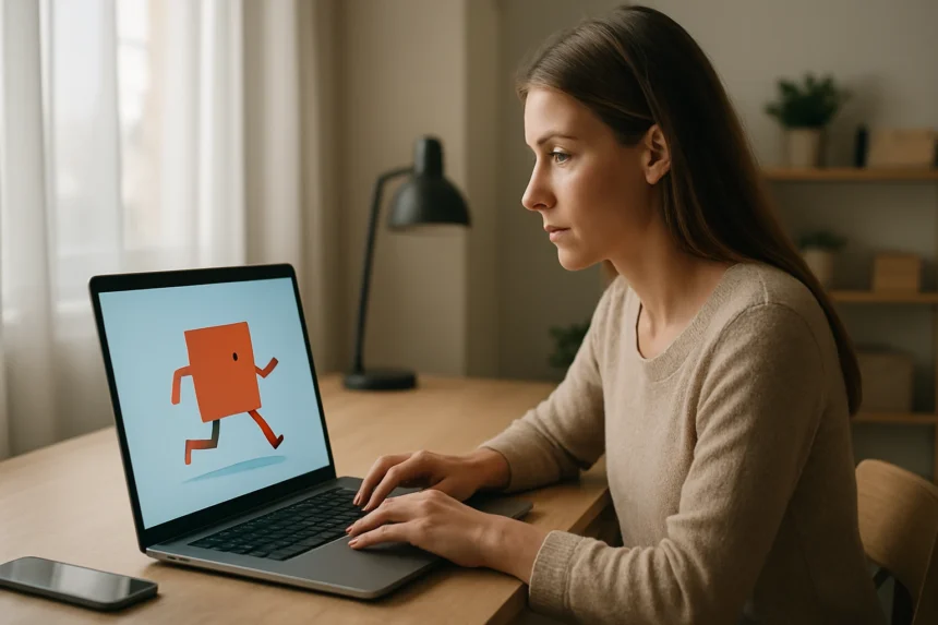 Nő egy laptop előtt, animált GIF-t megjelenítő képernyővel.