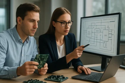 Két mérnök az IP magok tervezésén dolgozik integrált áramkörök számára.