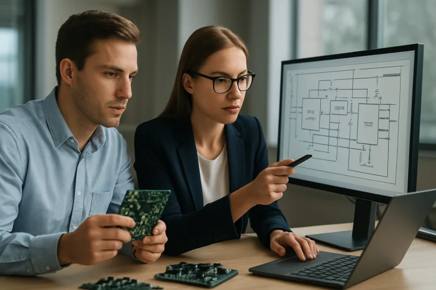 Két mérnök az IP magok tervezésén dolgozik integrált áramkörök számára.